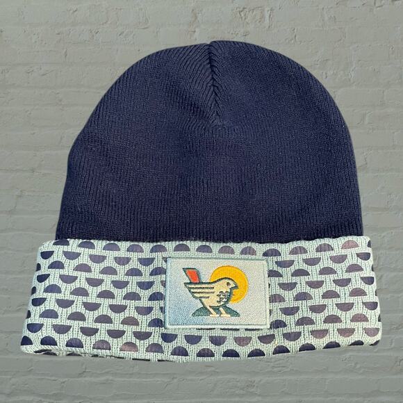 Hitwear Knit Beanie Hat Custom Embroidered Bird Sun Patch Artisan Cuff Navy Blue - Picture 1 of 10